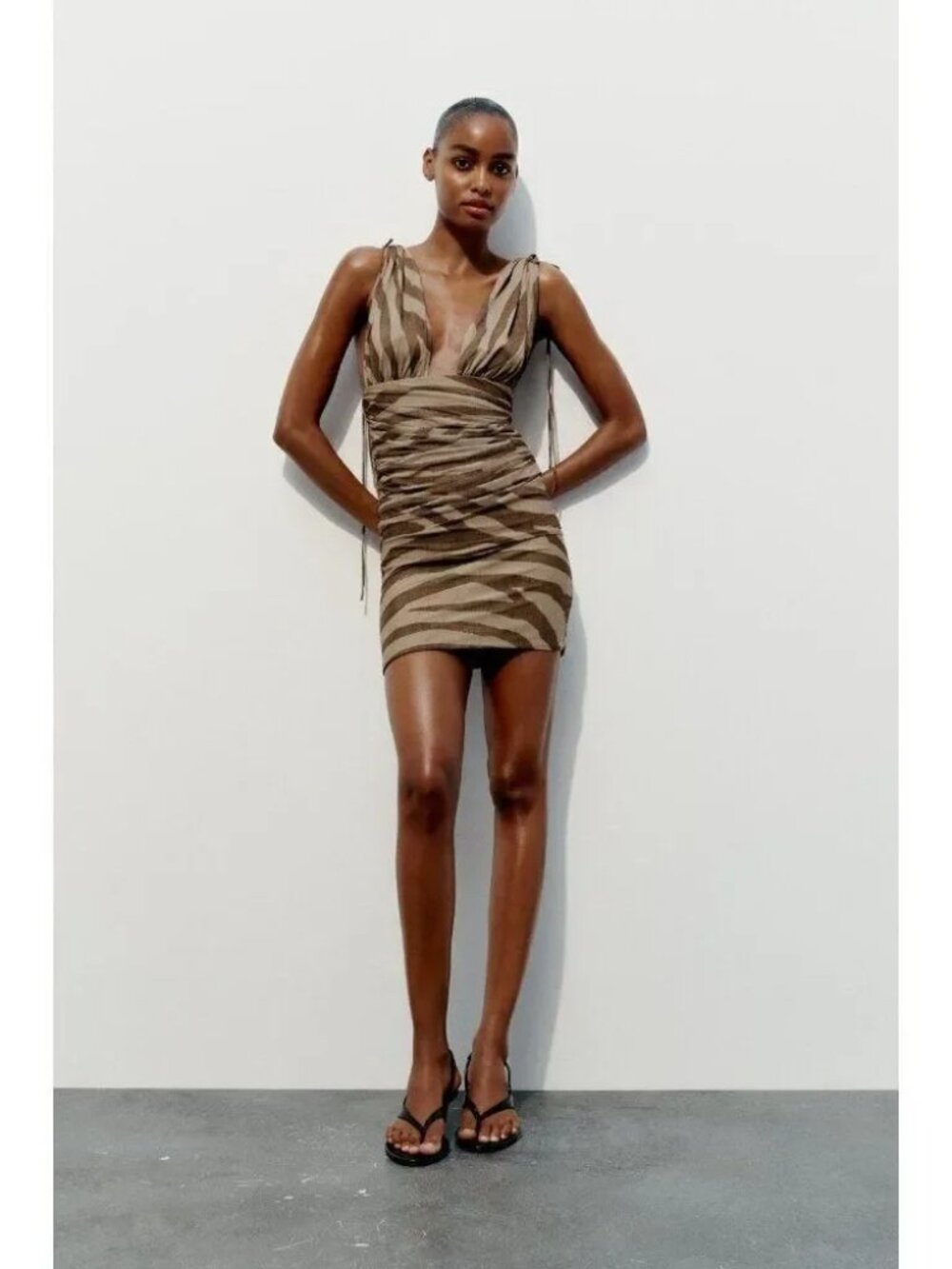 New Zara Zebra Printed Tulle Plunging Neckline Wide Straps Draped Fabric Dress - Picture 2 of 13